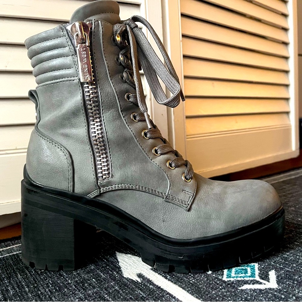 Nine West Gray Lace-Up Heeled Ankle Boots